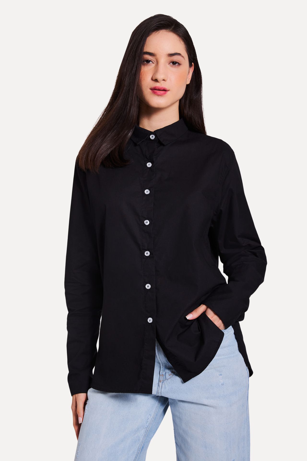 Camisa Básica Feminina Tricoline Manga Longa