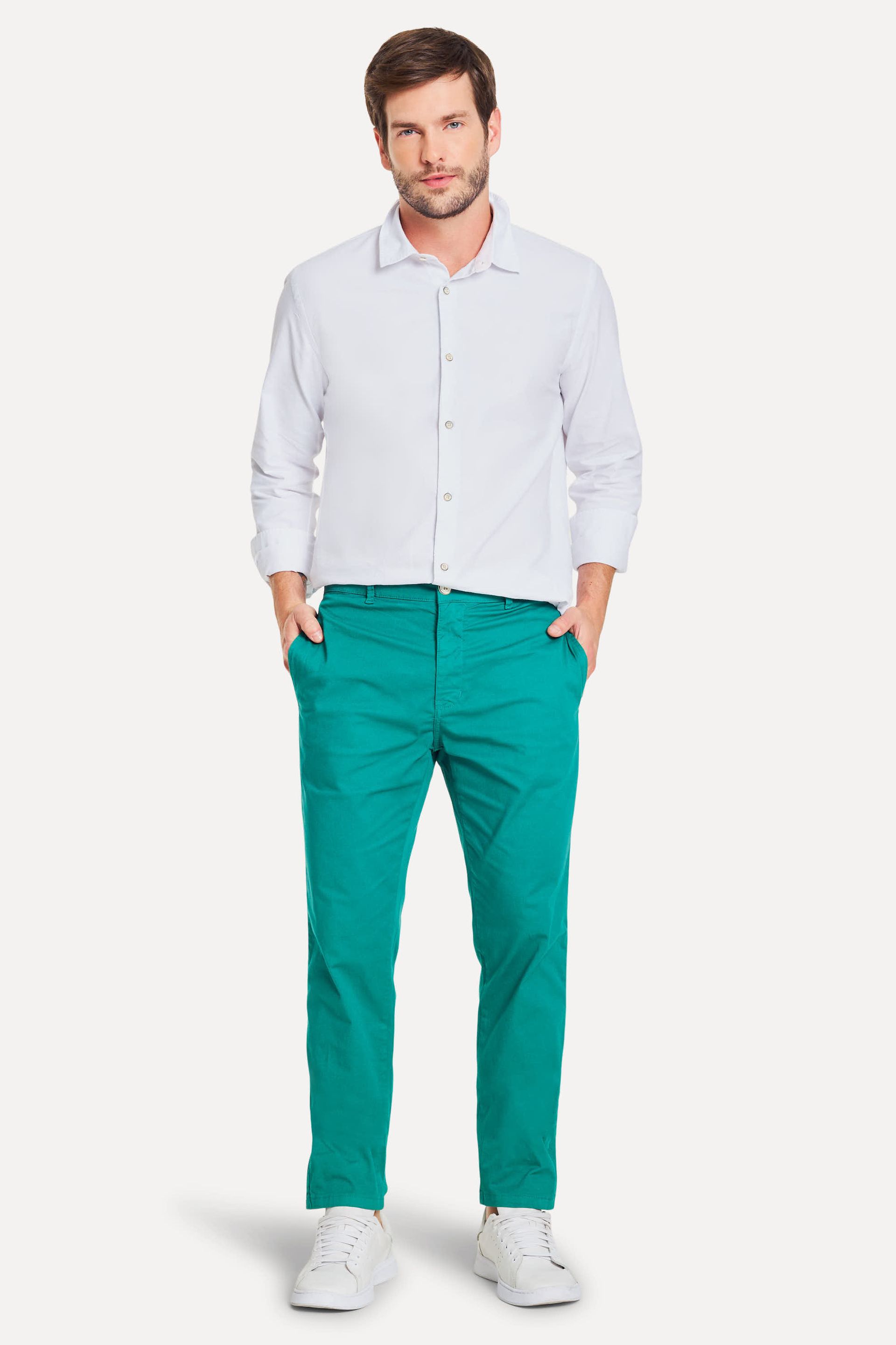Calça Chino Reta Masculina Simples de Sarja