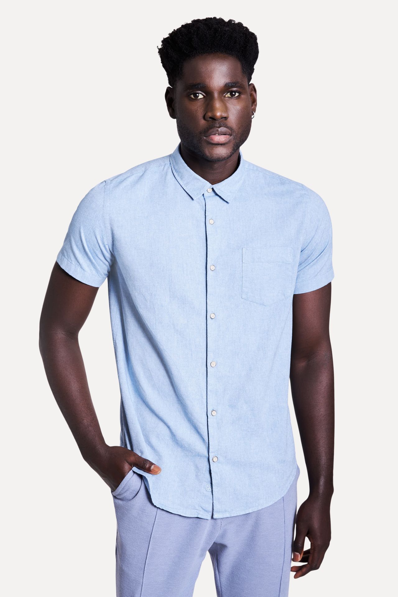 Camisa Oxford Masculina Manga Curta com Bolso