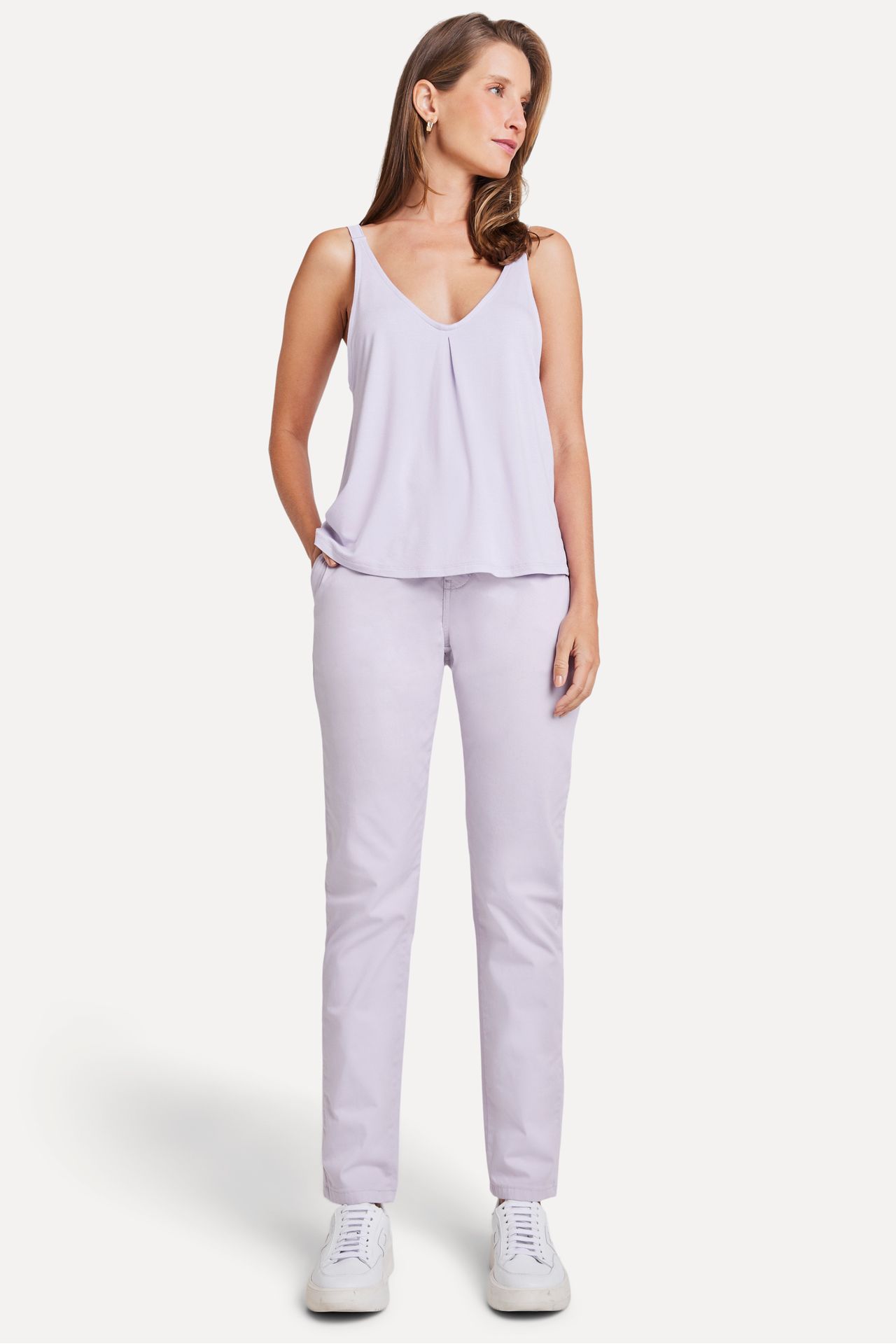 Calça Chino Reta Feminina Simples de Sarja