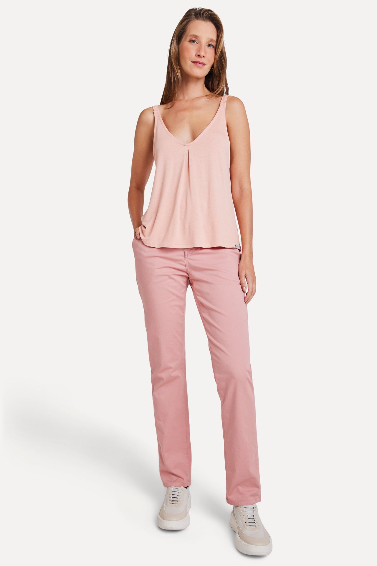 Calça Chino Reta Feminina Simples de Sarja