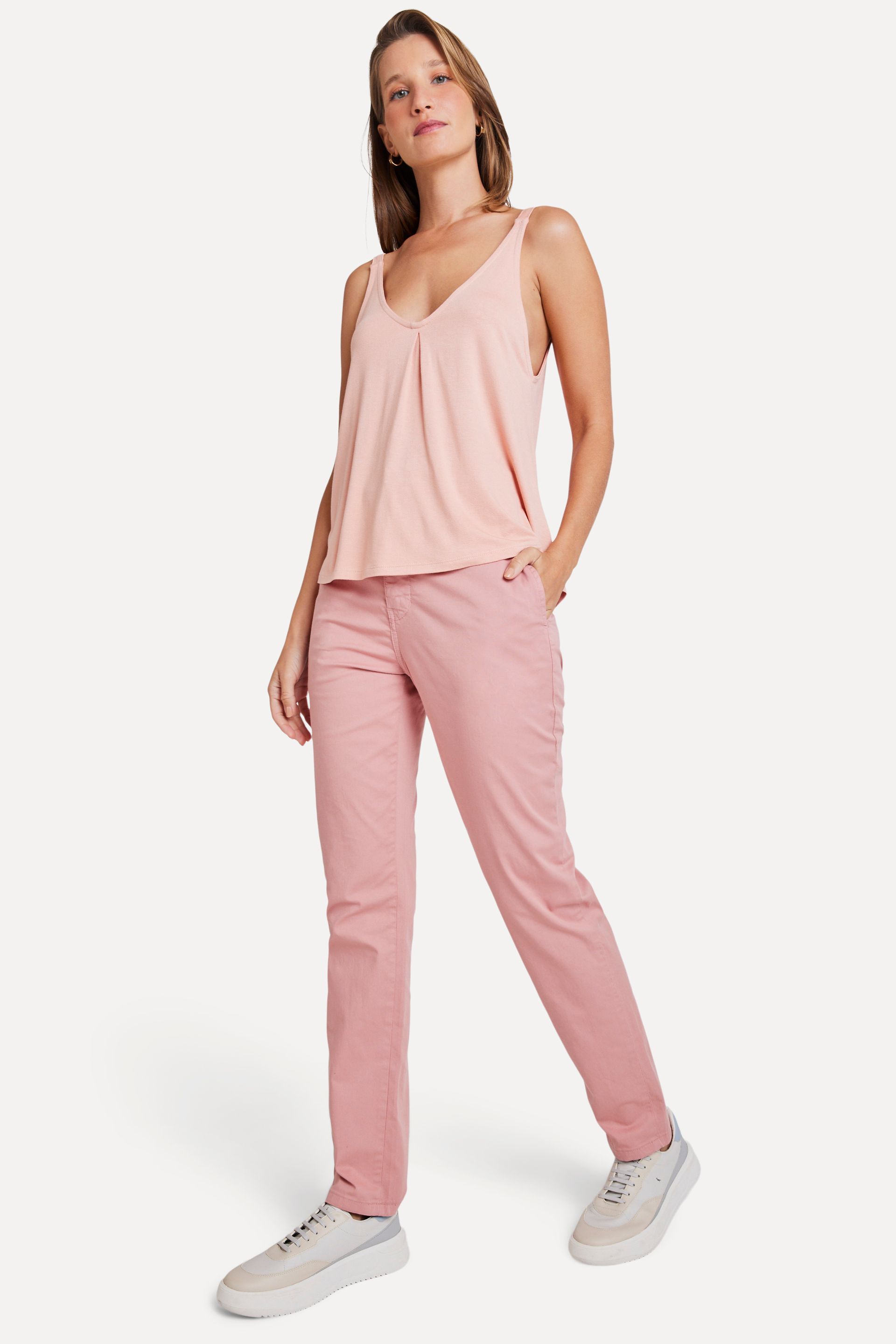 Calça Chino Reta Feminina Simples de Sarja
