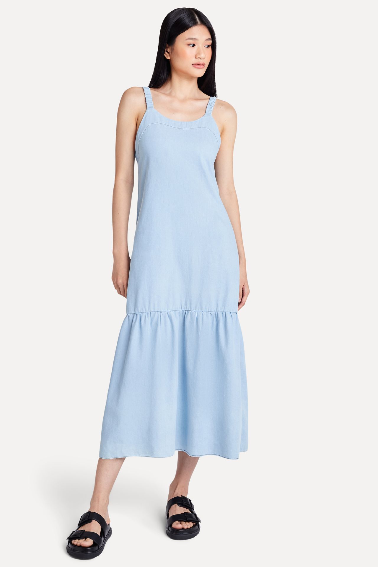 Vestido Jeans Feminino Longo Alça Drapeada