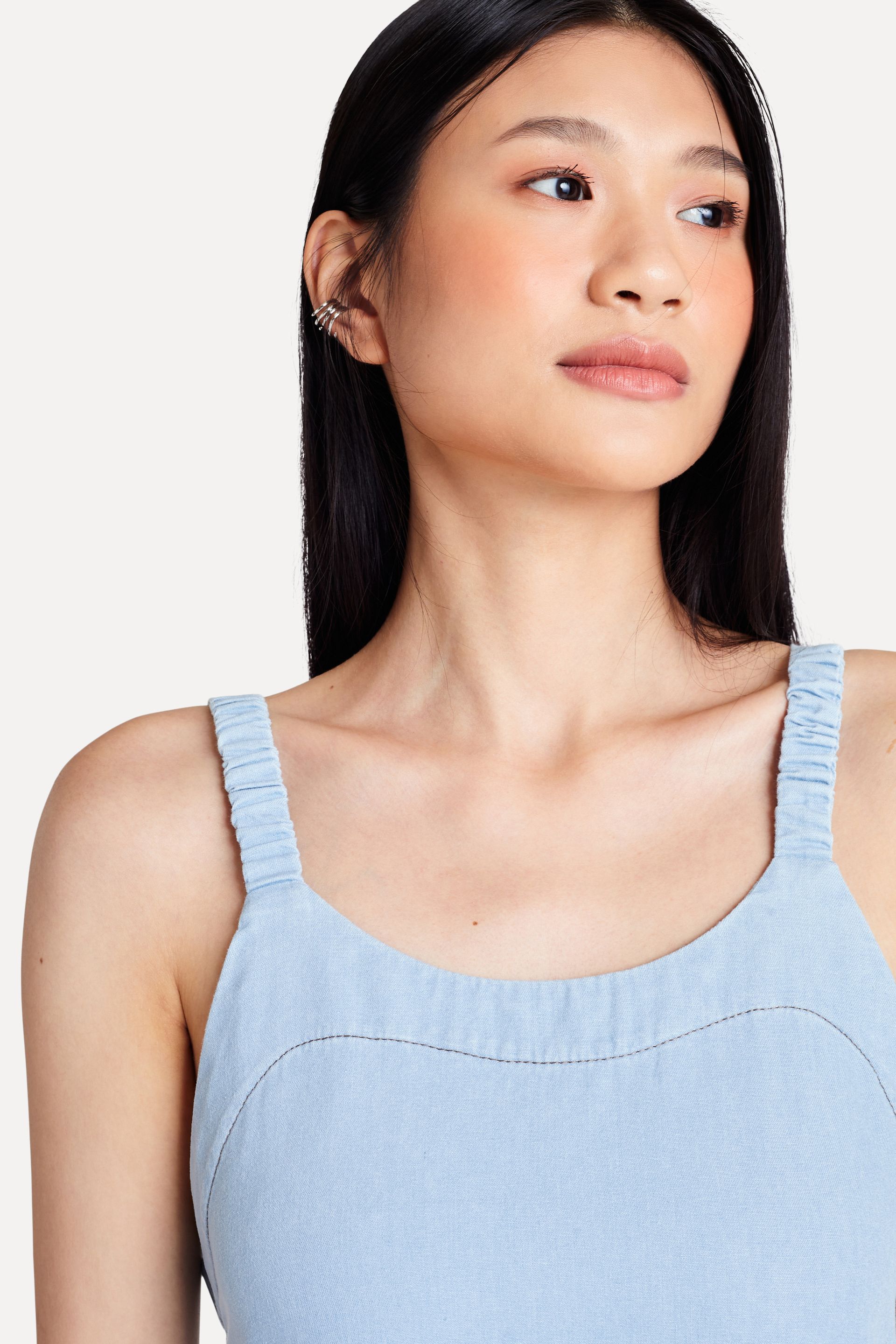 Vestido Jeans Feminino Longo Alça Drapeada
