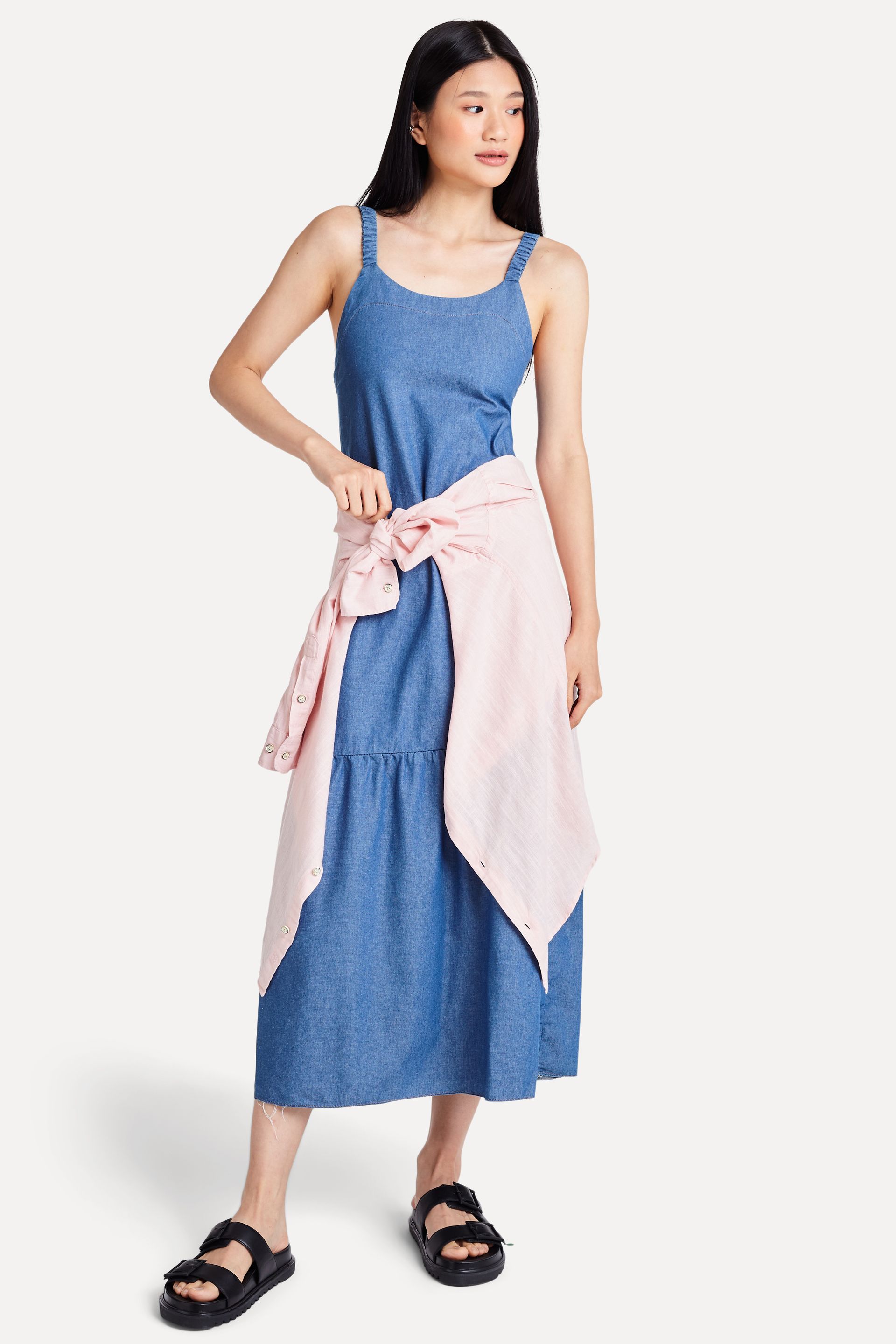 Vestido Jeans Feminino Longo Alça Drapeada