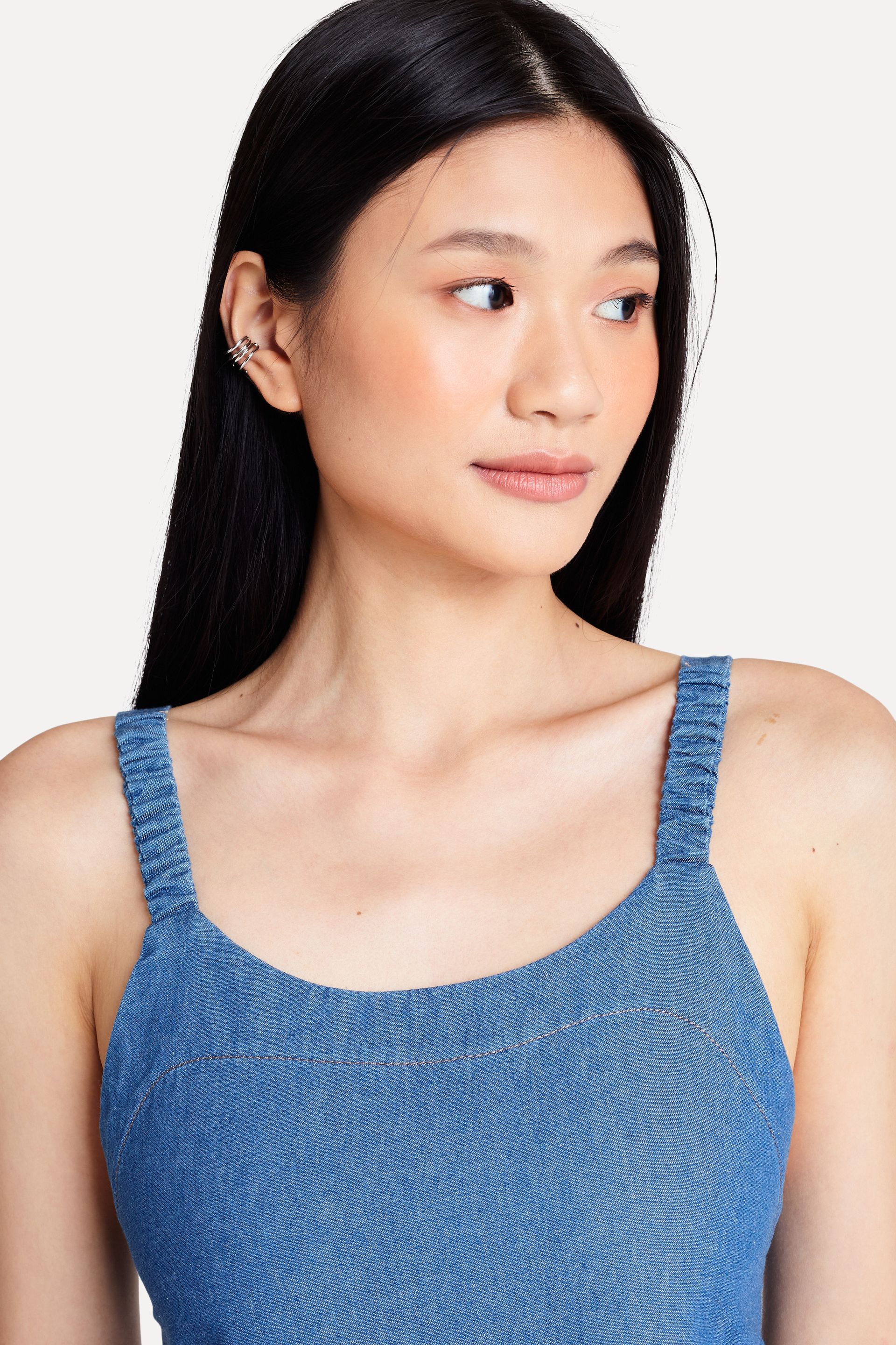 Vestido Jeans Feminino Longo Alça Drapeada