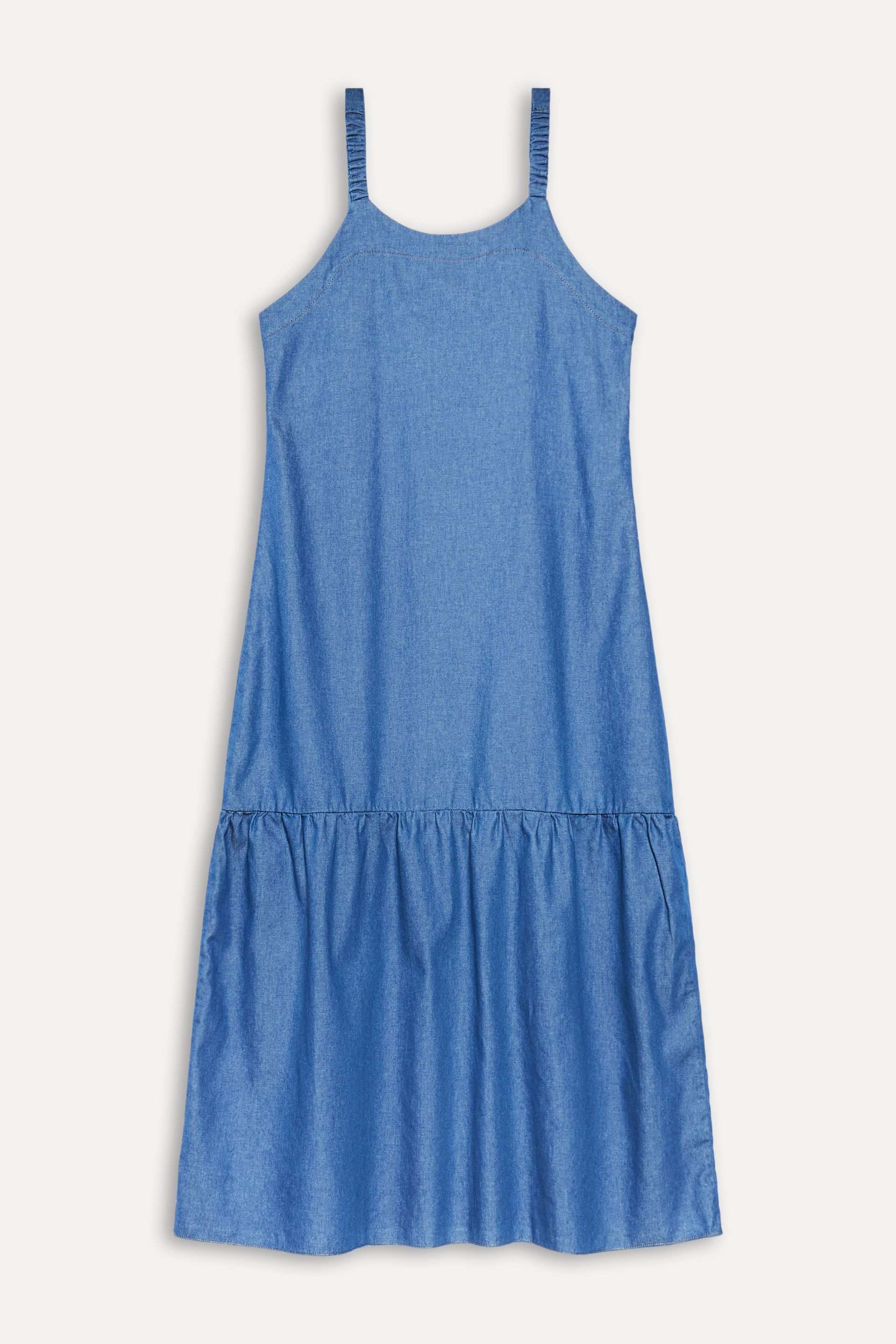 Vestido Jeans Feminino Longo Alça Drapeada