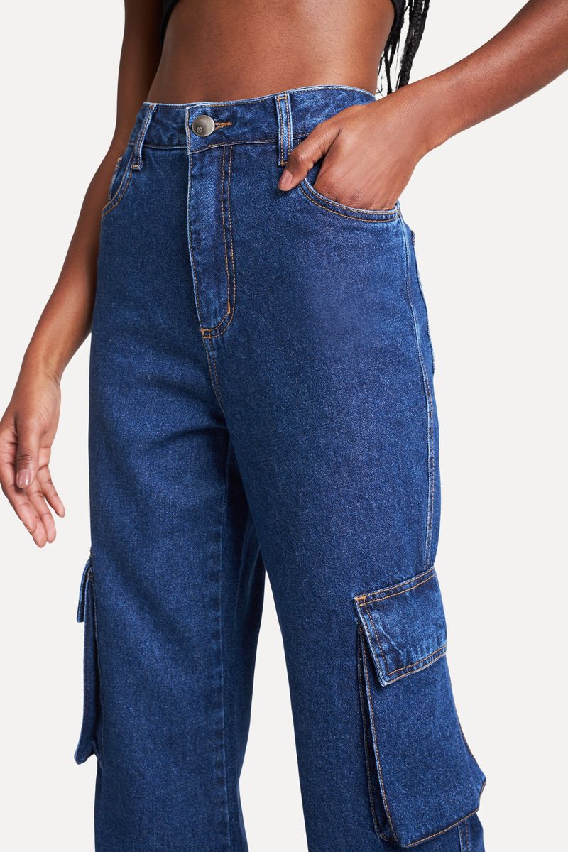 Calça Cargo Jeans Azul Médio Feminina - Simples Reserva