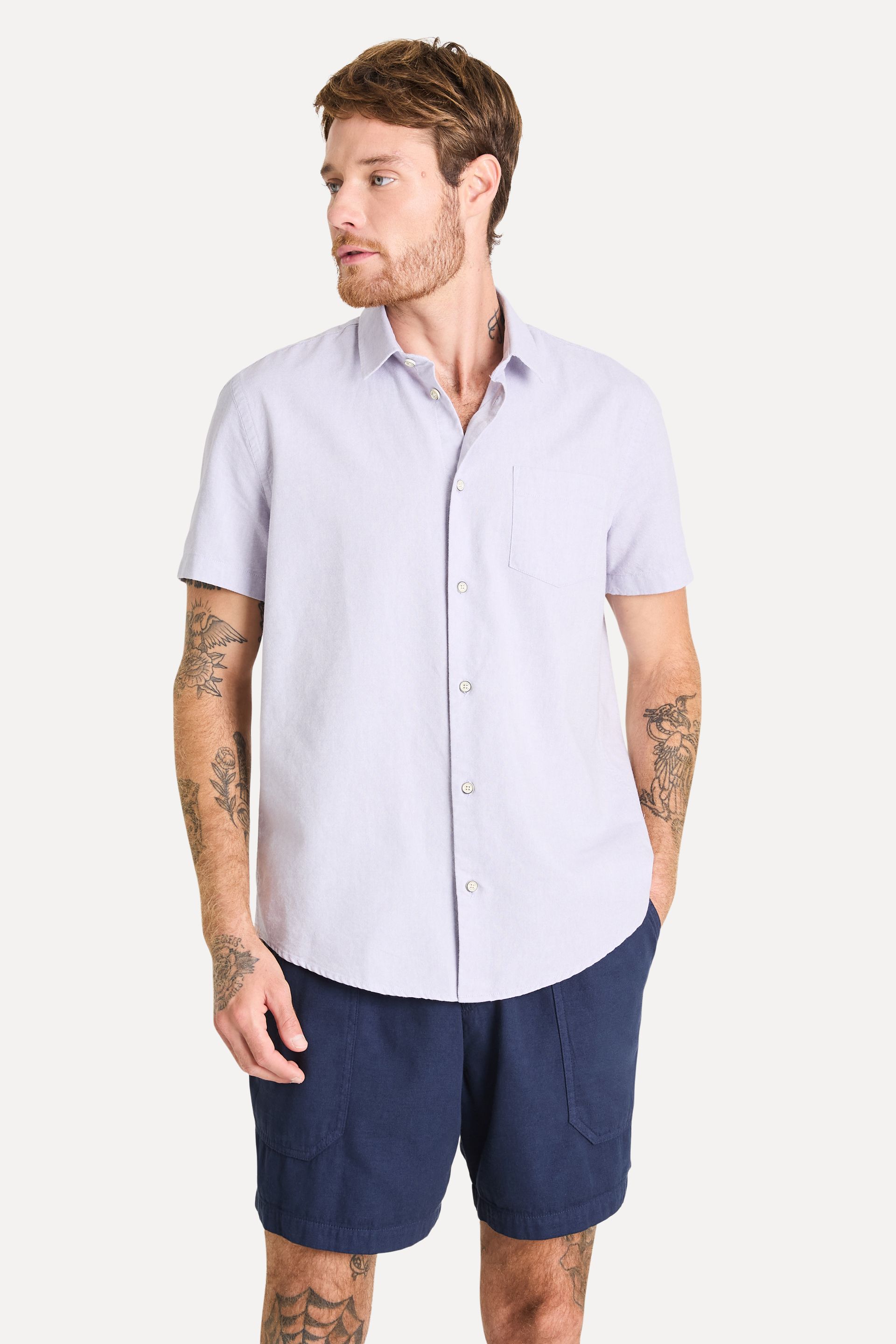 Camisa Oxford Masculina Manga Curta com Bolso