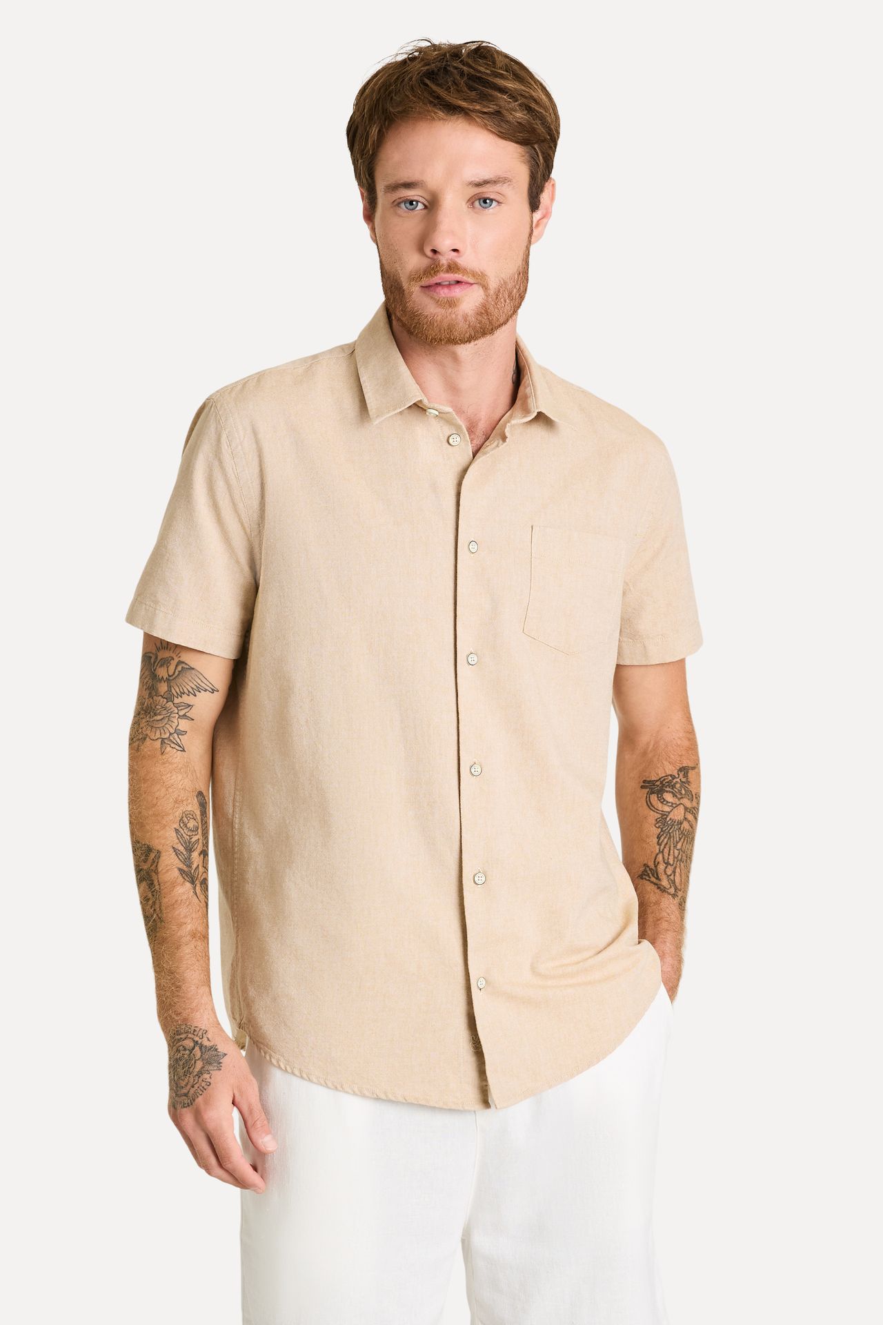 Camisa Oxford Masculina Manga Curta com Bolso