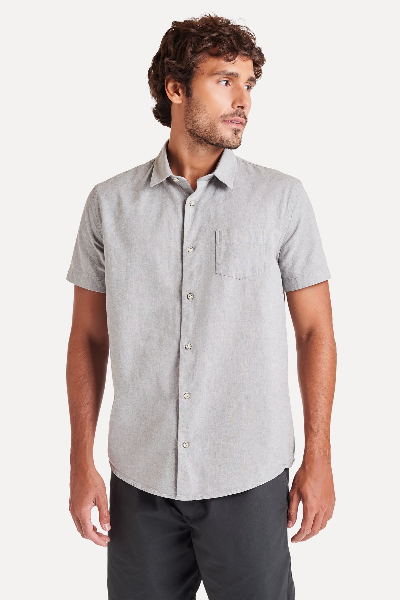 Camisa Oxford Masculina Manga Curta com Bolso