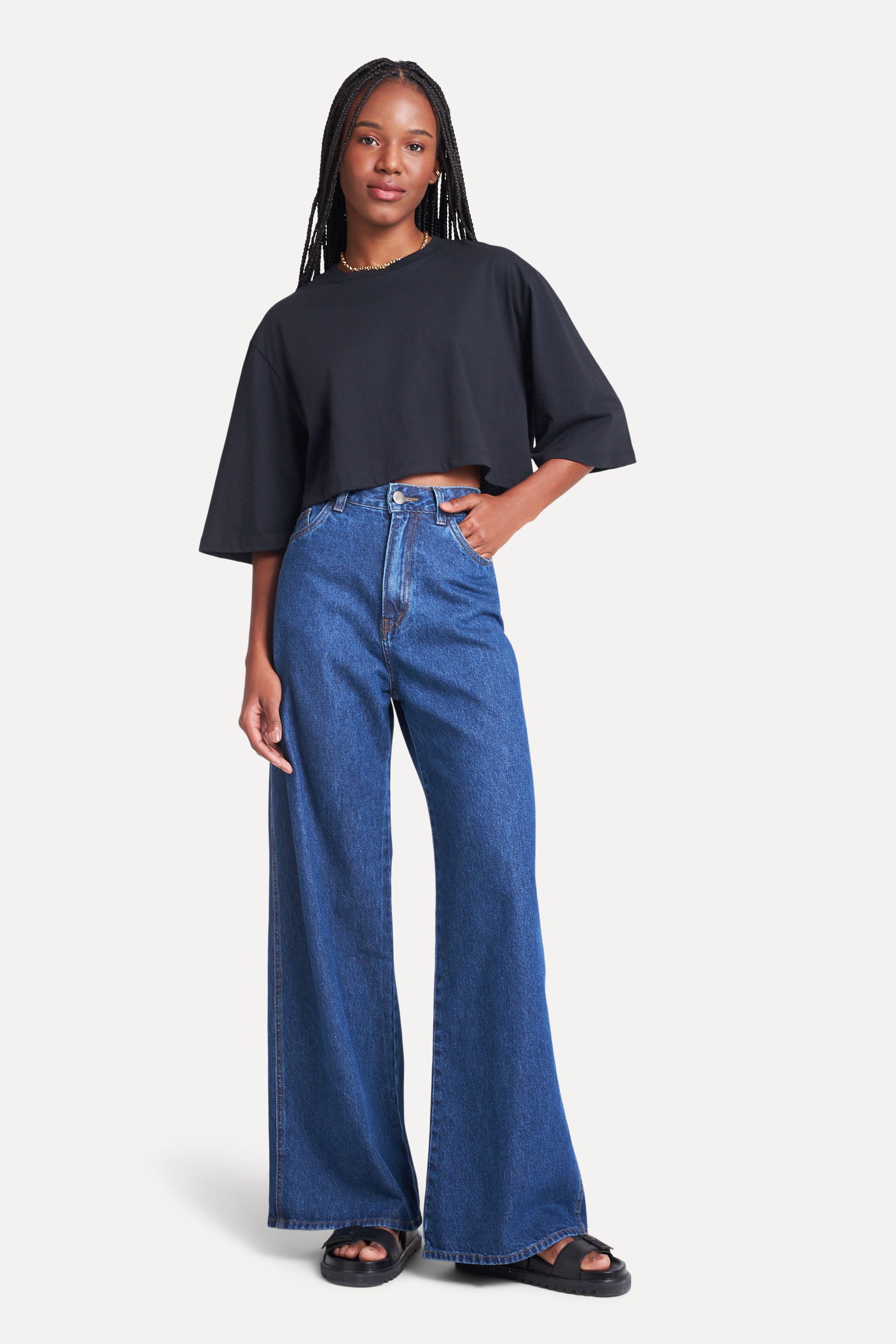 Calça Jeans Wide Leg Feminina Simples