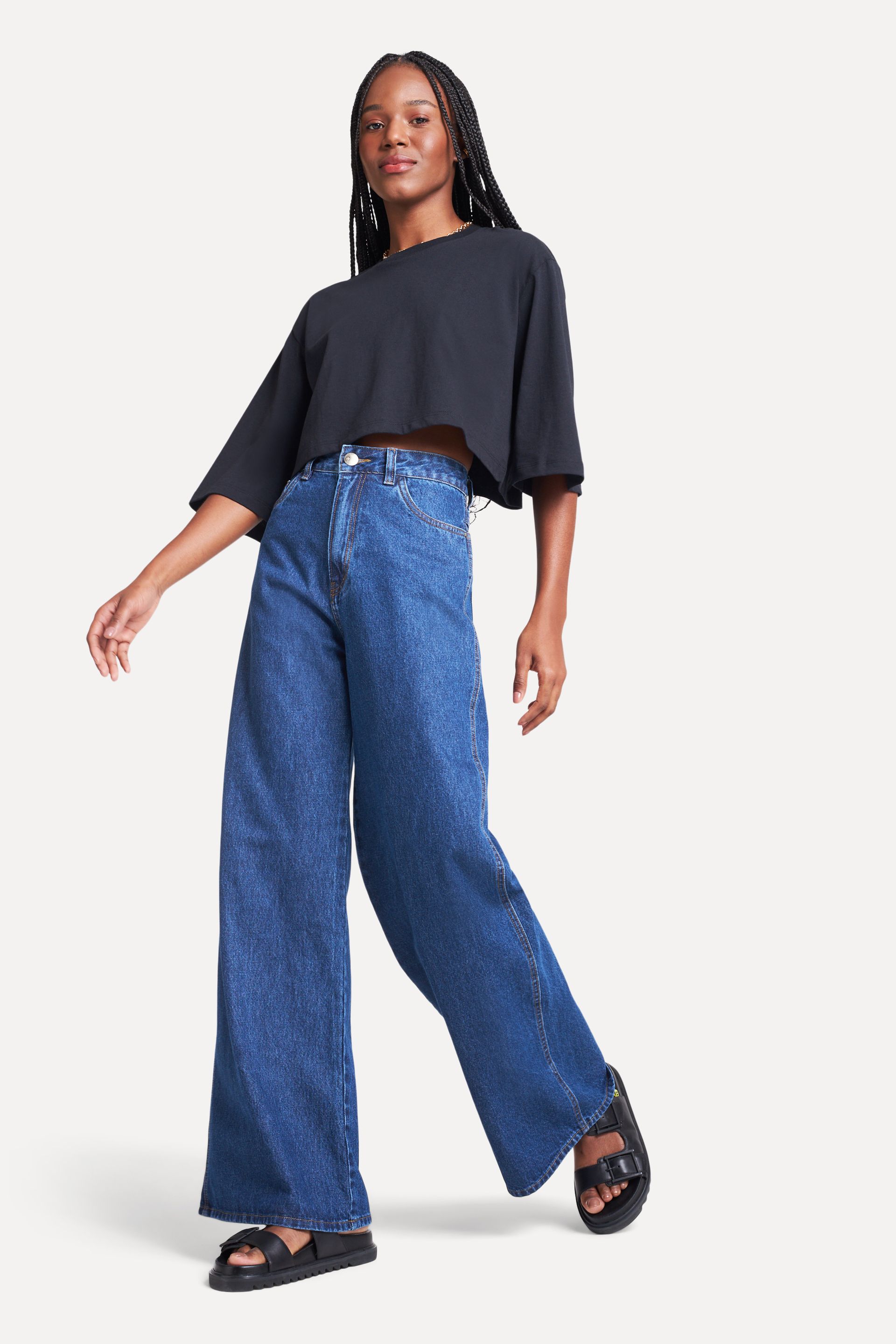 Calça Jeans Wide Leg Feminina Simples