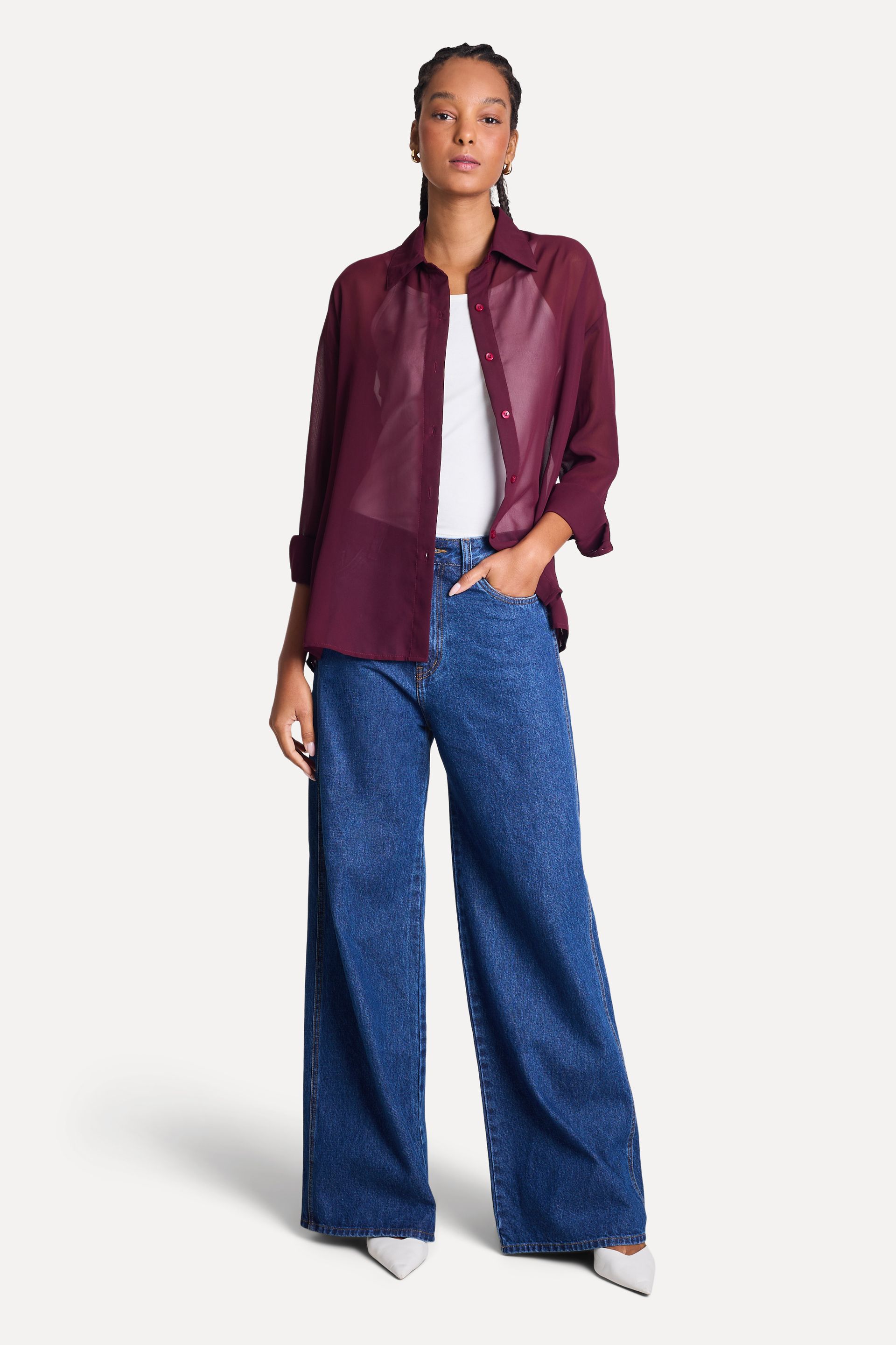 Camisa Feminina Transparência Manga Longa