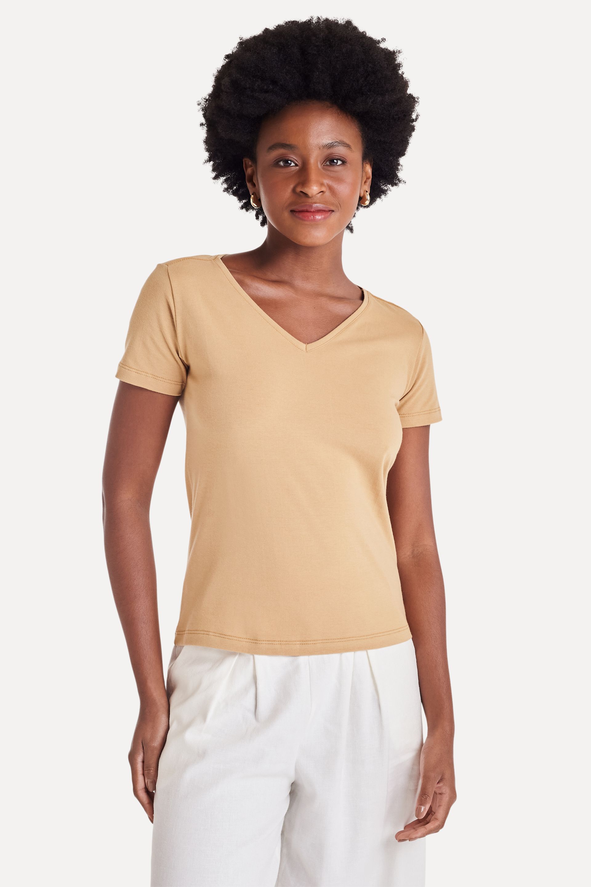 Camiseta Básica Feminina Simples + de Manga Curta com Decote V